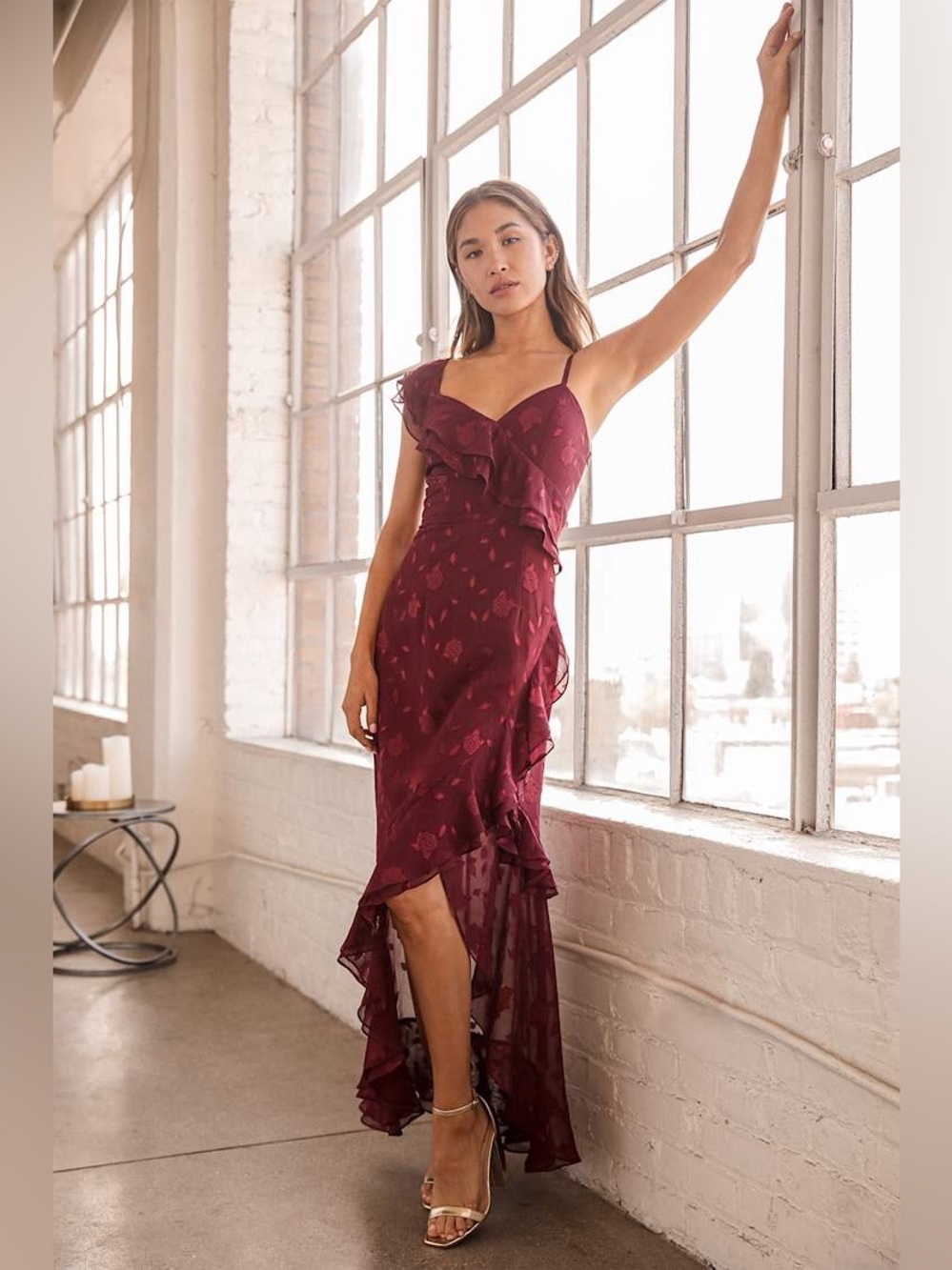 Lulus Burgundy Floral Jacquard Asymmetrical Ruffle Maxi Dress XL
